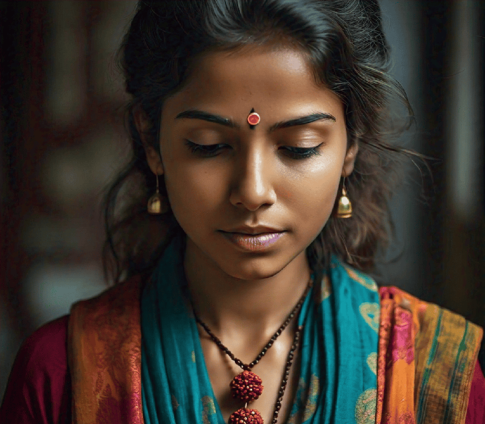 Close-up of an individual wearing Rudraksha jewelry, symbolizing the connection between personal well-being and environmental harmony